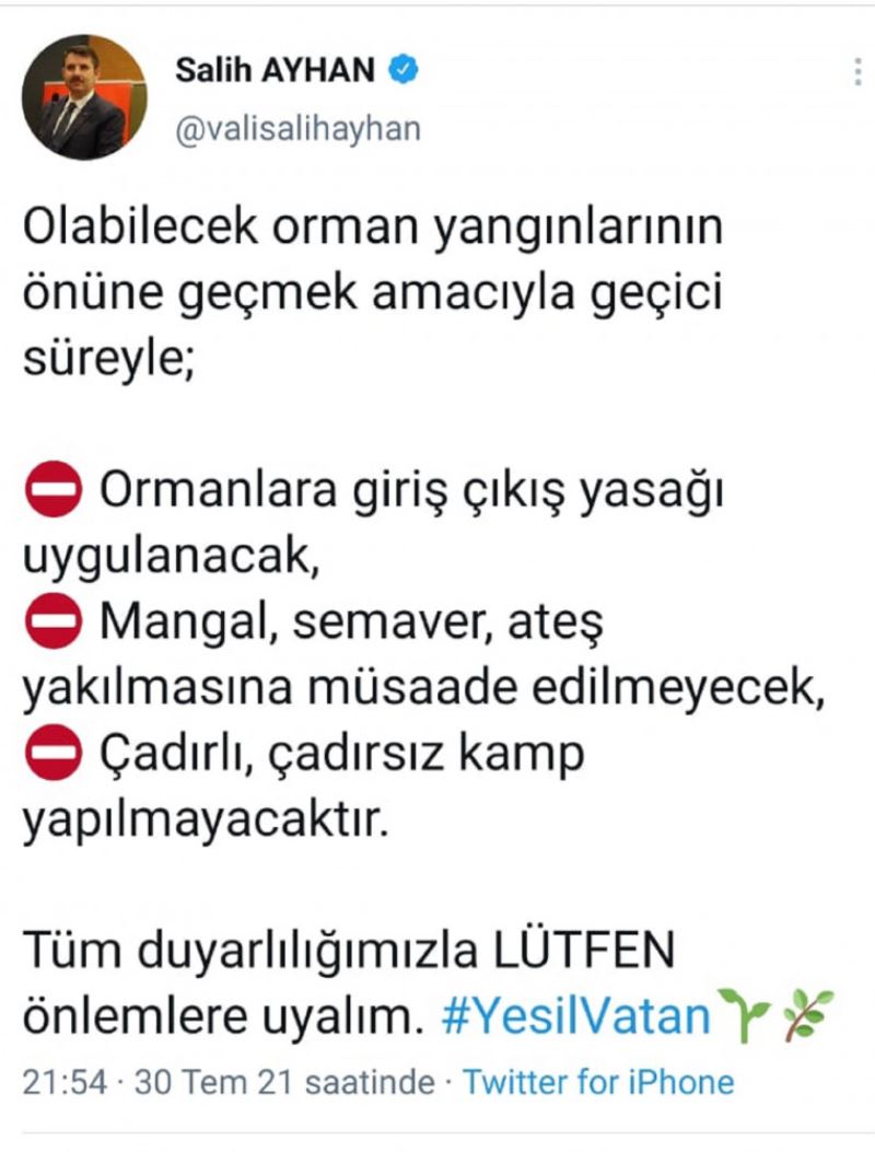 Sivas’ta ormanlık alanlara girişler yasaklandı